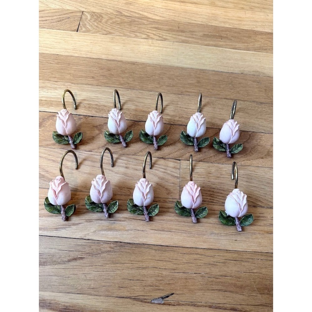 Set of 10 Vintage Resin Pink Rose Gold-Tone Shower Curtain Hooks 3.5" Long